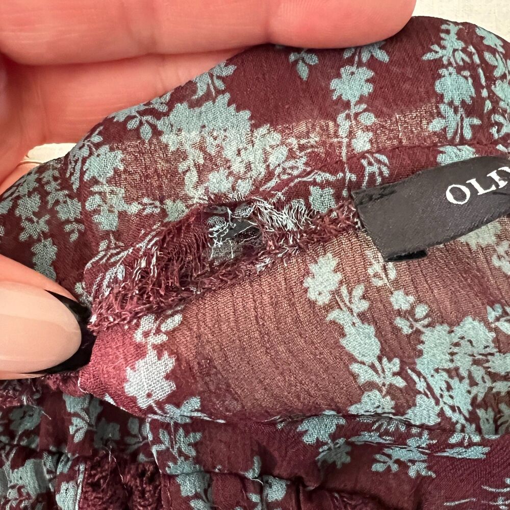 Olivaceous Burgundy Blue Floral Y2K Boho Hippie Semi-Sheer Chiffon Blouse Sz S - Picture 4 of 12